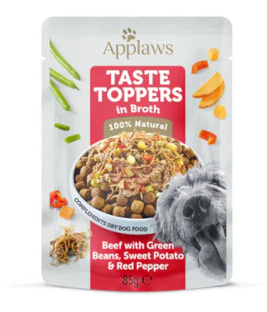 Applaws Taste Toppers Boeuf, Haricots Verts, Patate Douce & Poivrons Rouges en Bouillon - Sachet 85g - EkiDog